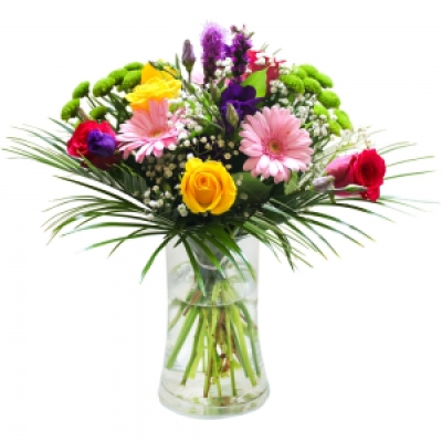Fresh Morning Vase - A fresh bouquet hand delivered by the local florist. The accent here is fresh, bright and colourful. A floral gift that is sure to delight and bring joy to the recipient. The florist will choose a wide variety of colours to make sure this is a delightful and happy flower gift. (Supplied in a vase.)

