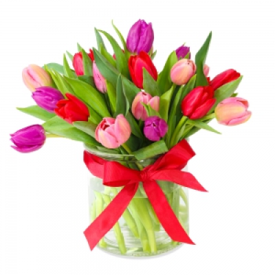 Spring Whispers - For that fun person in your life that likes to be different. This glass vase filled with tulips is a perfect gift.
