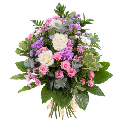 Tied Sheaf SYM-339 - Tied Sheaf Pink, Lilac & White. *Fine Print: Every product is hand made and delivered by the local florist. Pictures shown are recent examples of an actual arrangement that was designed by talented florists! Please note that each individual florist cannot guarantee what the flower varieties or colours will be (unless specified on the product description), they will guarantee that your specific arrangement will be fresh and beautiful.