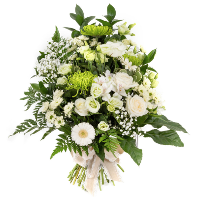 Tied Sheaf SYM-338 - Tied Sheaf White & Green. *Fine Print: Every product is hand made and delivered by the local florist. Pictures shown are recent examples of an actual arrangement that was designed by talented florists! Please note that each individual florist cannot guarantee what the flower varieties or colours will be (unless specified on the product description), they will guarantee that your specific arrangement will be fresh and beautiful.