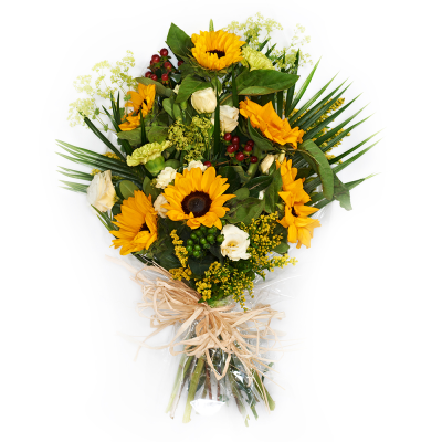 Funeral Flowers in Cellophane - Funeral flowers in cellophane using bright shades of yellow, white and green. Please order with 2 days so that the florist can make sure they have Sunflowers.