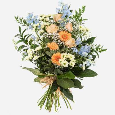 Tied Sheaf SYM-337 - Country Style Tied Sheaf Peach & Blue. *Fine Print: Every product is hand made and delivered by the local florist. Pictures shown are recent examples of an actual arrangement that was designed by talented florists! Please note that each individual florist cannot guarantee what the flower varieties or colours will be (unless specified on the product description), they will guarantee that your specific arrangement will be fresh and beautiful.