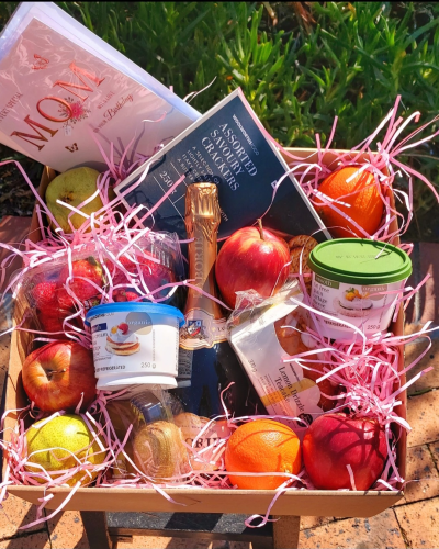 Fruit and Crackers Hamper - Hamper of fruit, cake, crackers and cheese with a bottle of wine
